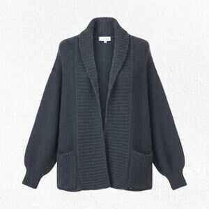 1980s Black Boucle Knit Shawl Cardigan Minimalist Wool Blend Jacket Size Small